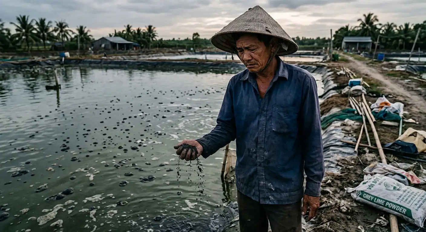 Anh Bảy đang kiểm tra mẫu vôi tại ao