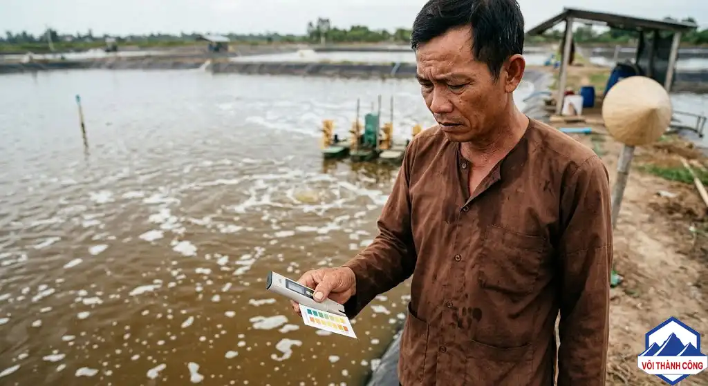 Anh Hải đang kiểm tra ao tôm với gương mặt lo lắng