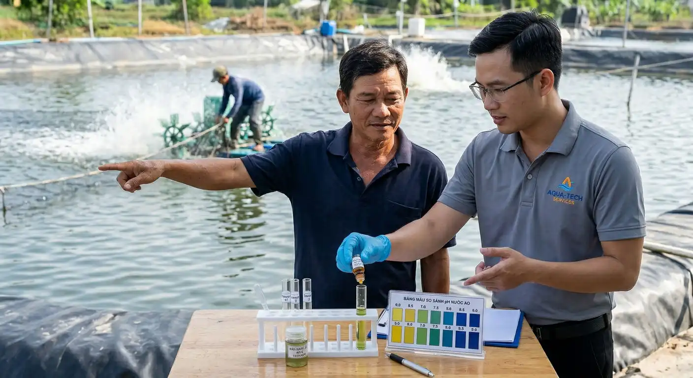 Người nông dân đang trao đổi về ao tôm