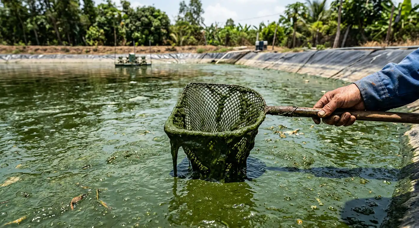 Ao tôm bị tảo nở hoa màu xanh rêu