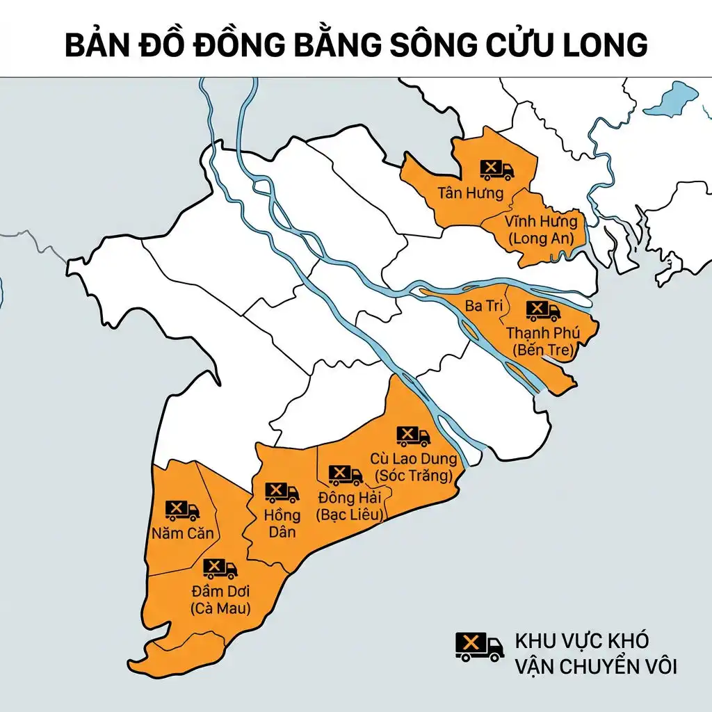 Bản đồ các tỉnh miền Tây với vùng khó vận chuyển