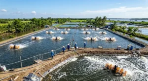 Hình ảnh minh họa bí quyết tạt vôi an toàn cho ao tôm giúp tránh sốc pH và bảo vệ đàn tôm.