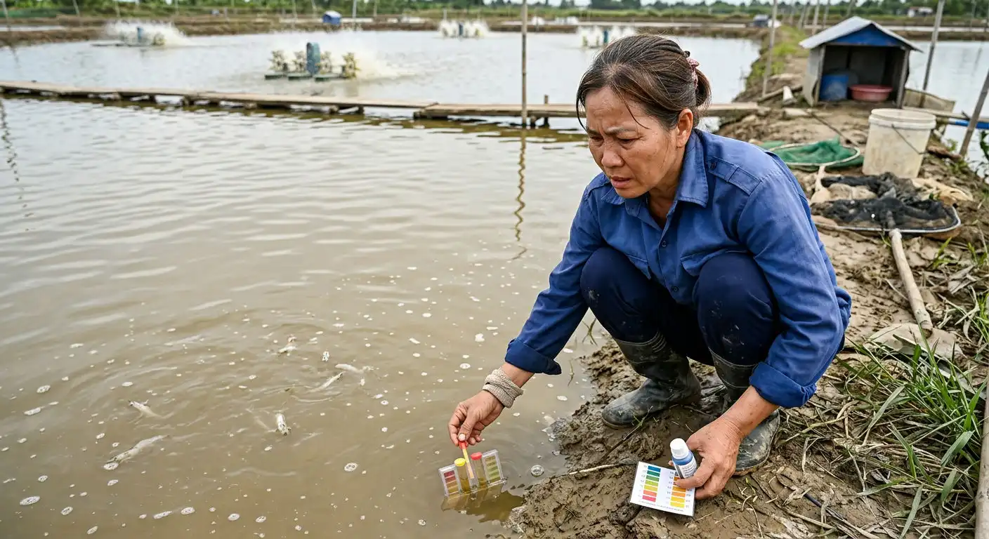 Chị Ngọc đang kiểm tra tôm yếu trong ao