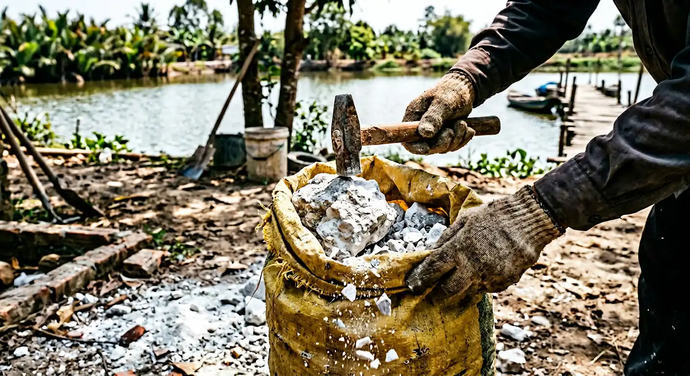 Đập vôi cục thành miếng nhỏ