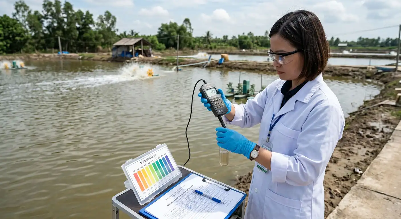 Kỹ thuật viên đang đo pH và độ kiềm của ao nuôi tôm