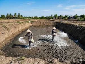 nông dân bón vôi cải tạo ao nuôi tôm cá hiệu quả