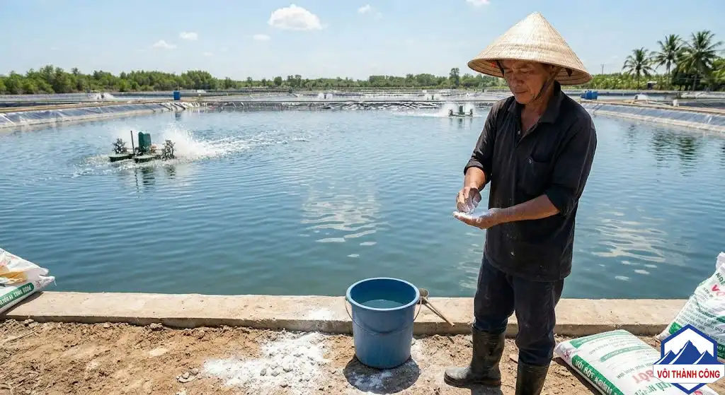 Người nông dân đang kiểm tra chất lượng vôi thủy sản