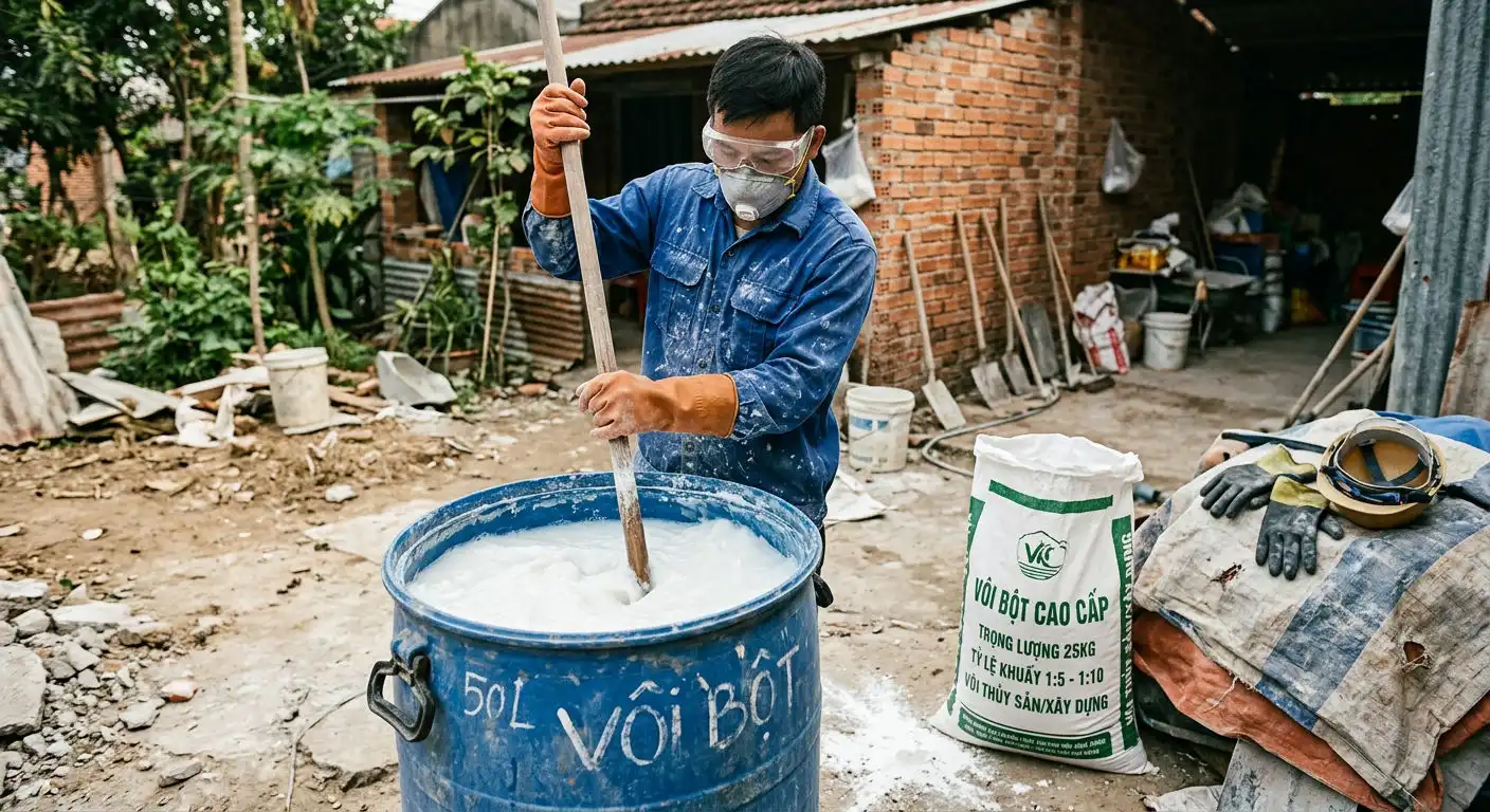Kỹ thuật pha vôi trước khi tạt xuống ao