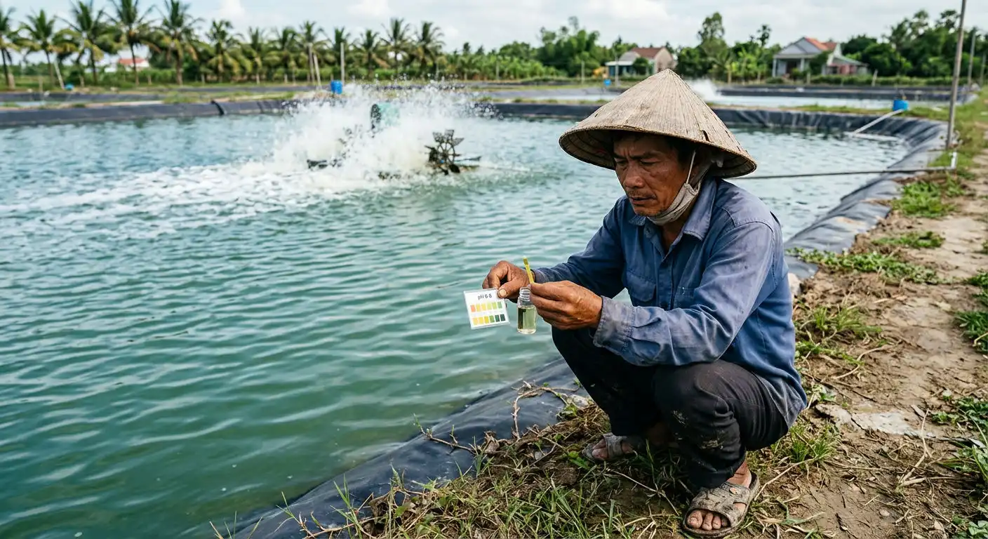 Người nông dân đang kiểm tra ao tôm