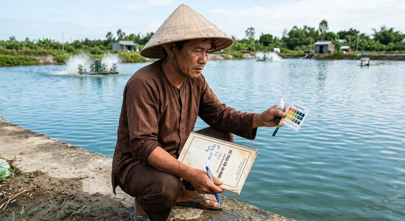 Người nông dân đang kiểm tra chất lượng nước ao tôm