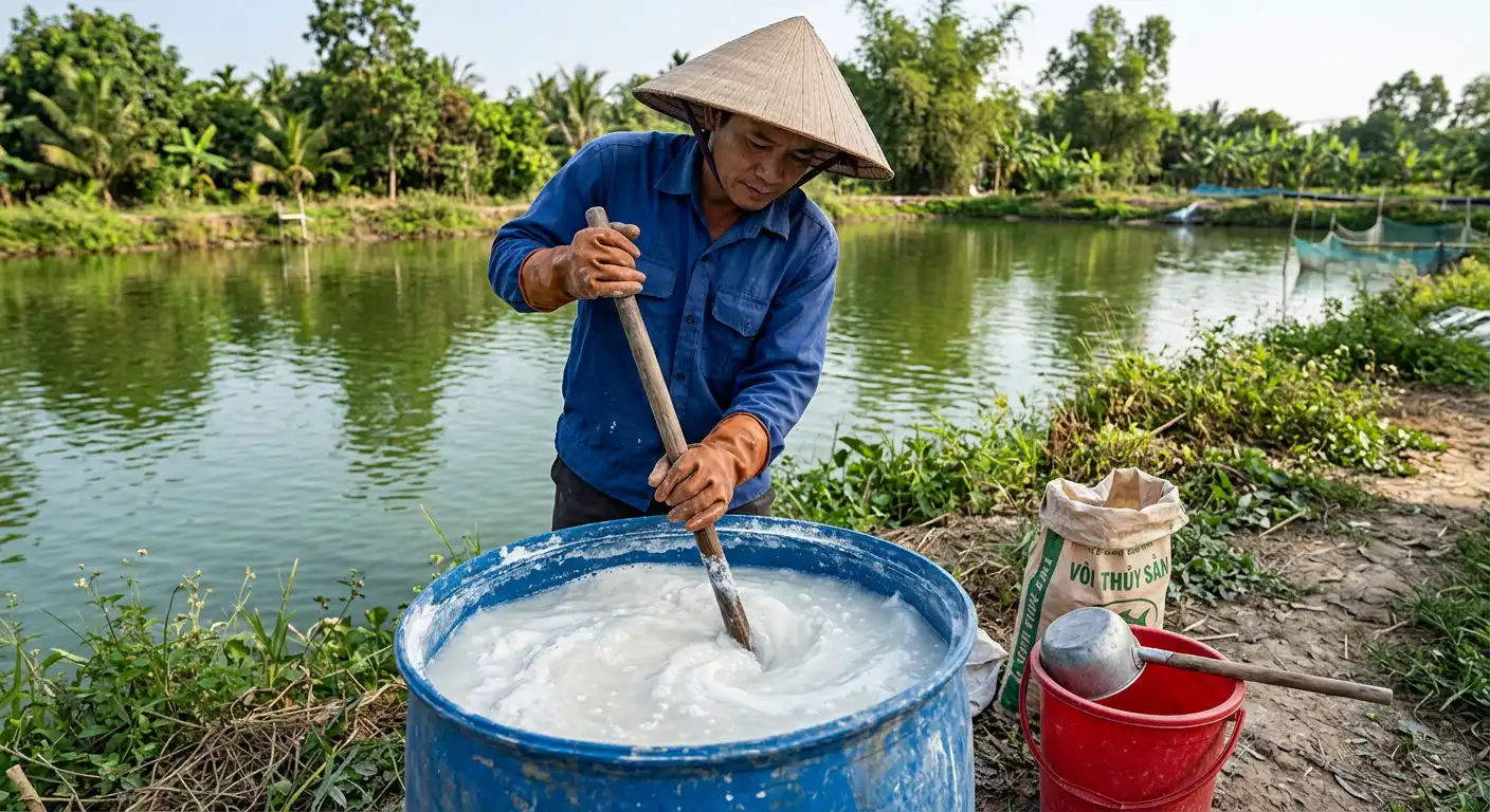 Hình ảnh pha vôi với nước trước khi tạt