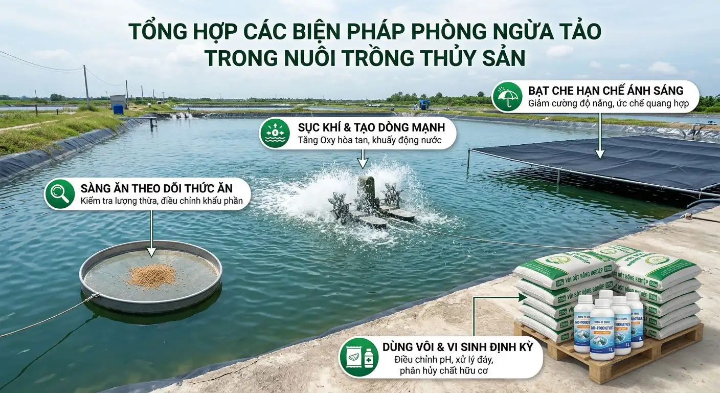 Các biện pháp phòng ngừa tảo nở hoa trong ao nuôi tôm