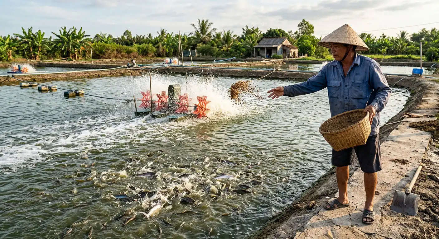 Người nông dân đang rải thức ăn cho tôm