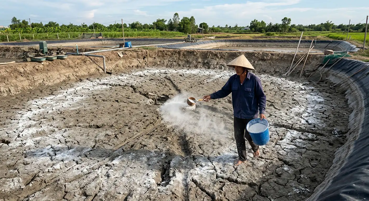 Rải vôi CaO đáy ao