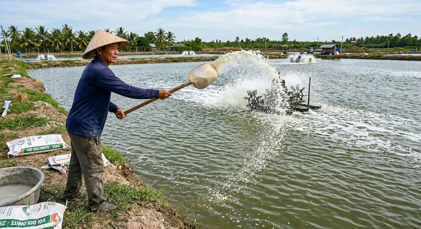 Tạt vôi dolomite xuống ao nuôi tôm