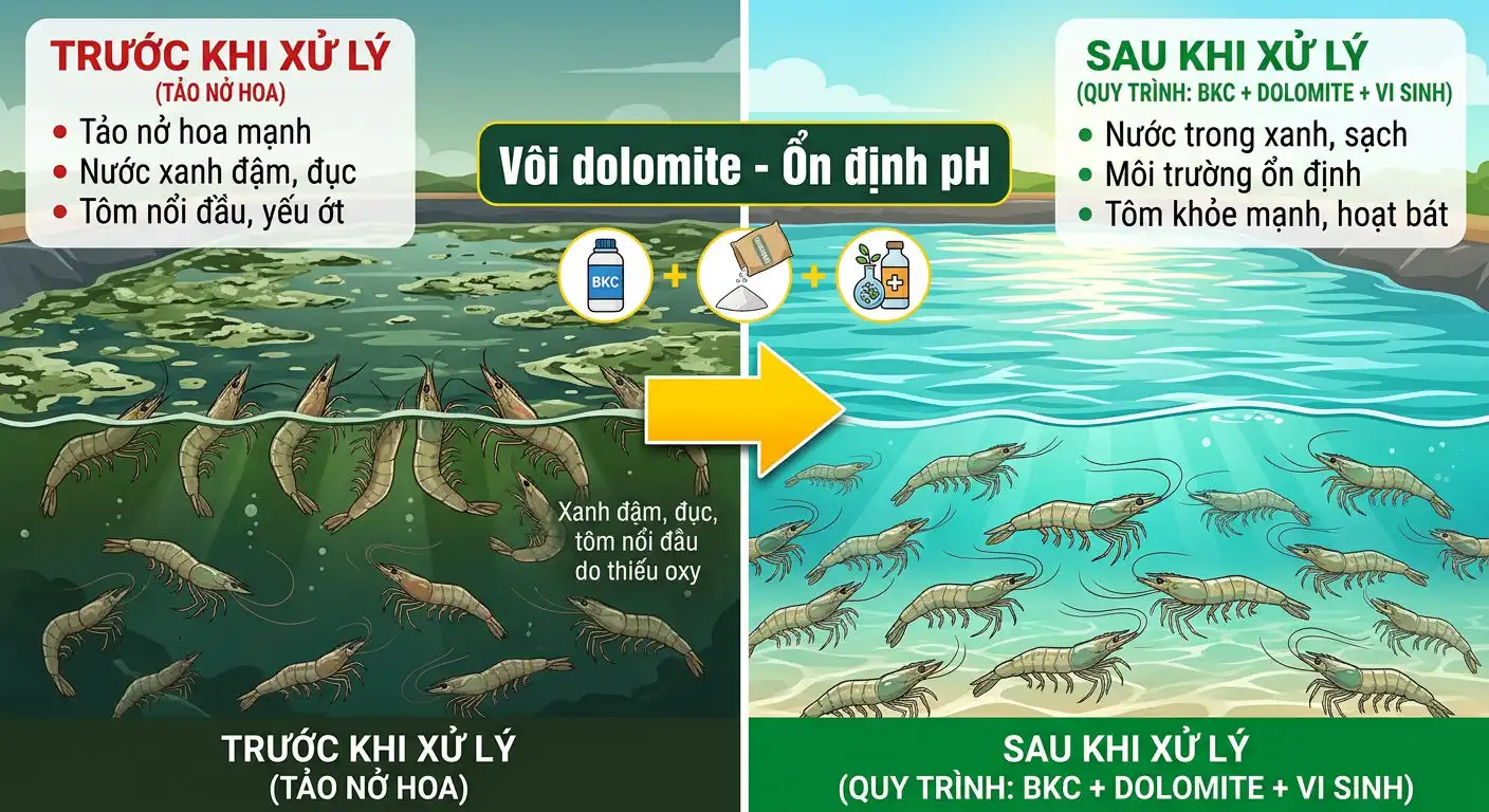 Vôi dolomite rải trong ao tôm