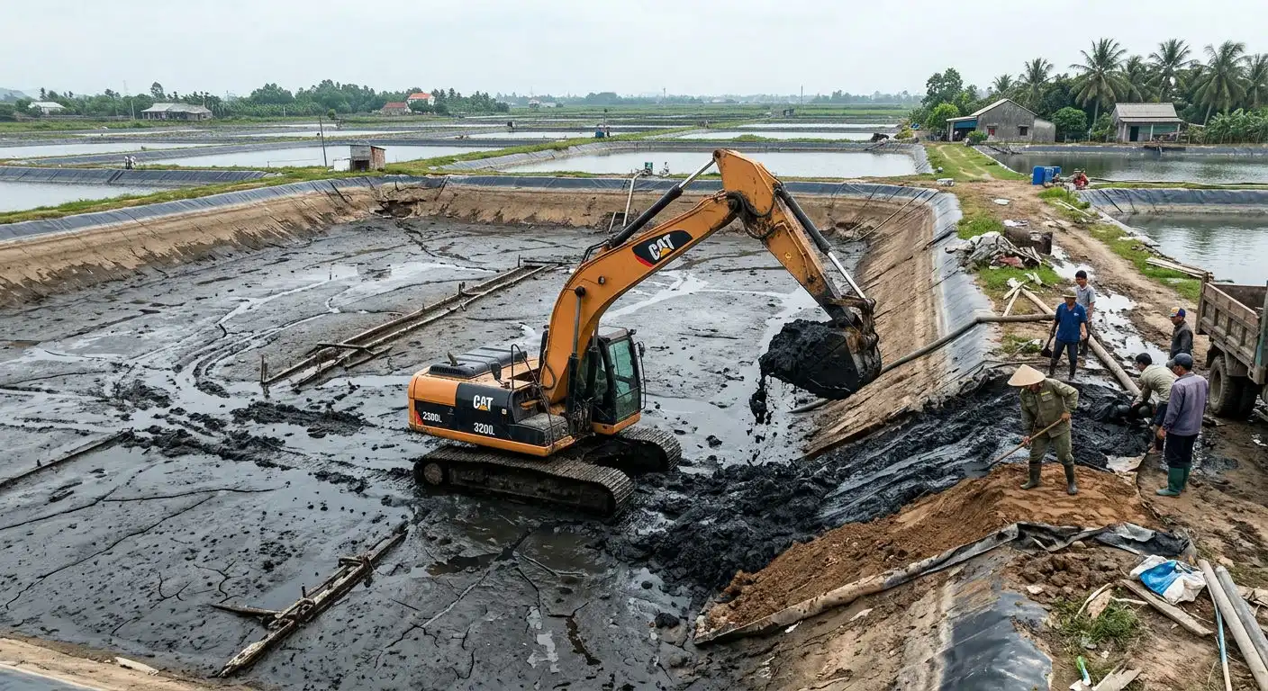 Vét bùn và xả nước ao tôm