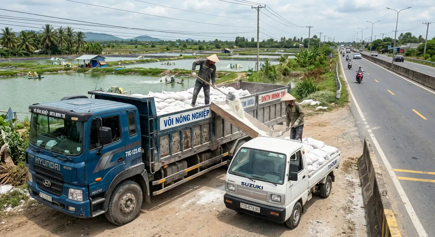 Xe tải lớn và xe tải nhỏ trung chuyển vôi