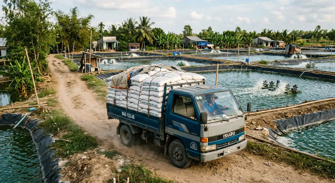 Xe tải nhỏ chở vôi vào trang trại