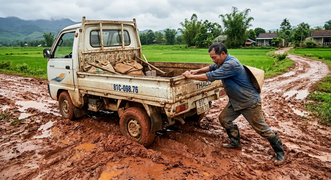 Xe tải nhỏ gặp khó khăn trên đường đất lầy lội