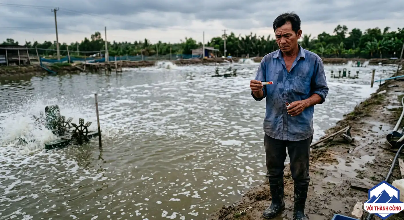 Anh Thịnh kiểm tra ao tôm