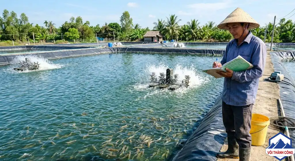 Ao tôm thẻ chân trắng ở Sóc Trăng đang được chăm sóc