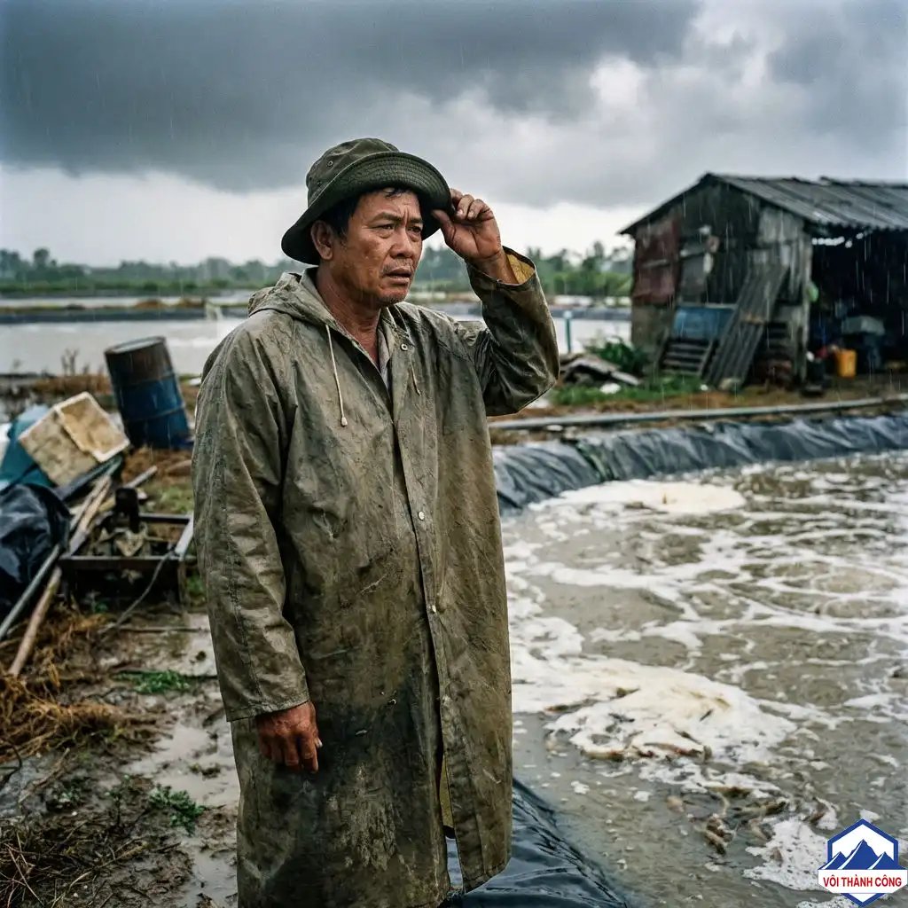 Người nông dân đang lo lắng bên ao tôm