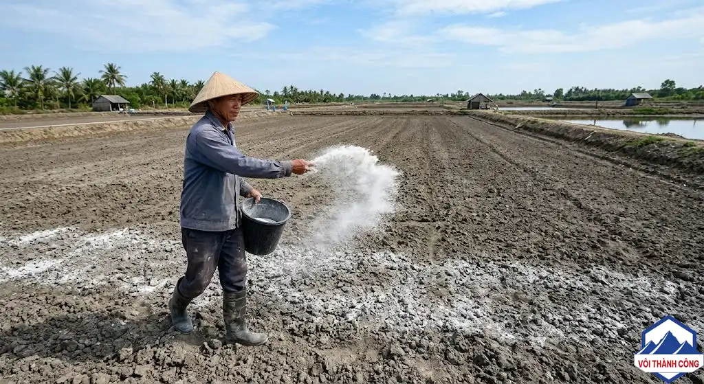Rải vôi đều khắp đáy ao