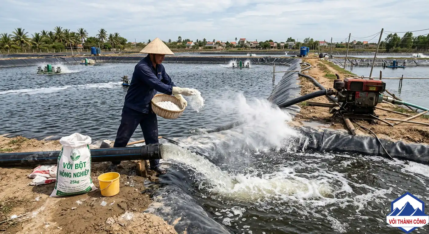 Bón vôi trực tiếp vào ao nuôi